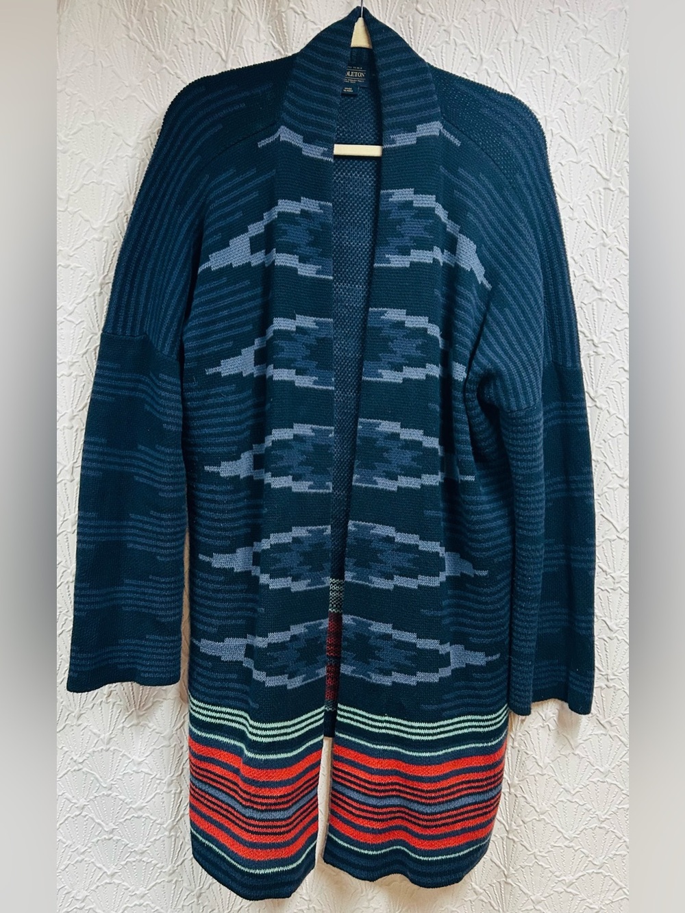 Pendleton Blue Patterned Open-Front Cardigan with Red Stripe Detail